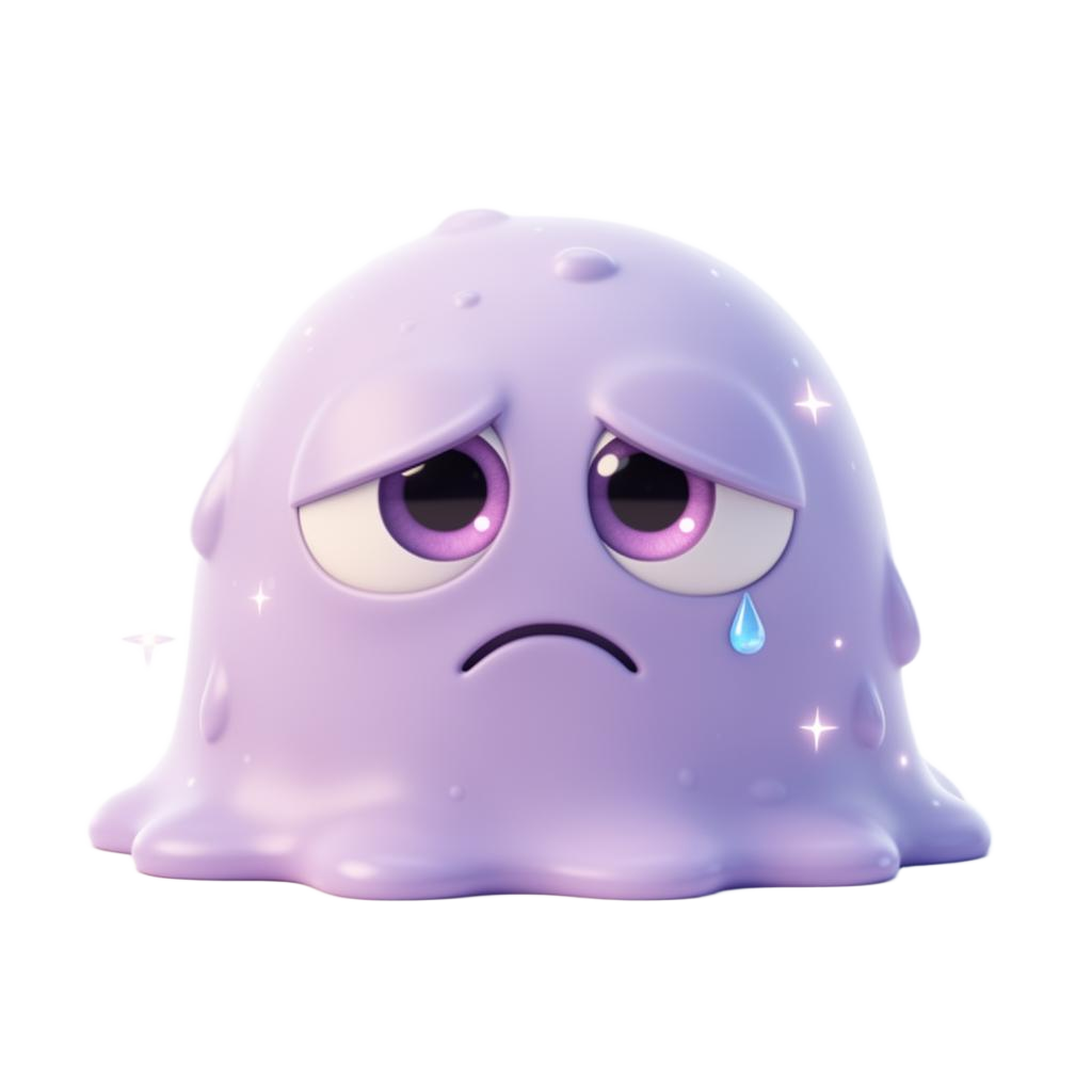 Saddy mascot, a melting purple blob with sleepy eyes
